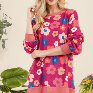 Celeste Full Size Side Slit Flower Print Long Sleeve Top