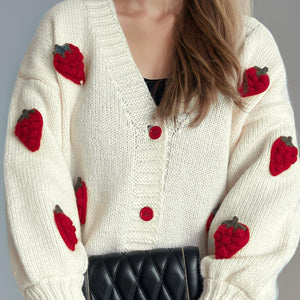 Crochet Strawberry V-Neck Long Sleeve Cardigan