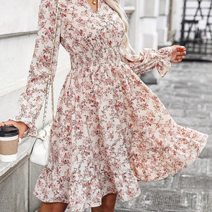 Ruffle Hem Floral Surplice Long Sleeve Dress