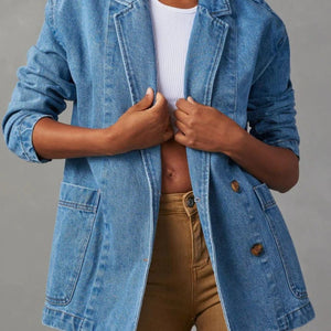 Pocketed Lapel Collar Long Sleeve Denim Jacket