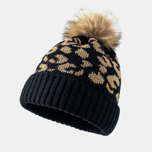 Leopard Pom-Pom Cuffed Beanie