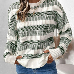 Perfee Contrast Round Neck Long Sleeve Sweater