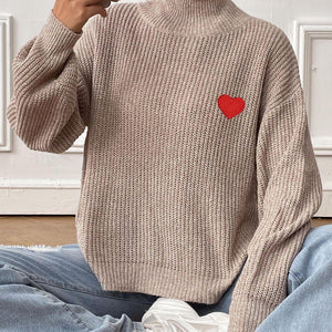 Heart Turtleneck Dropped Shoulder Long Sleeve Sweater