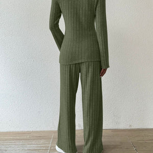 Ribbed V-Neck Long Sleeve Top and Pocketed Pants Set