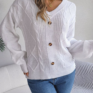 Cable-Knit Buttoned V-Neck Sweater