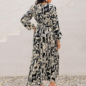 Smocked Printed Tie Neck Long Sleeve Dress