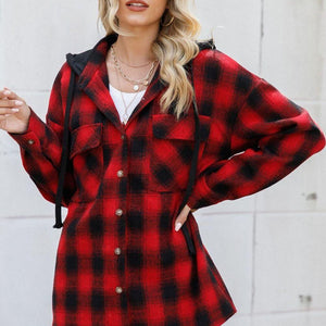 Drawstring Plaid Long Sleeve Hooded Shacket