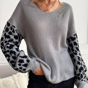 Perfee Leopard Sleeve Dropped Shoulder Sweater