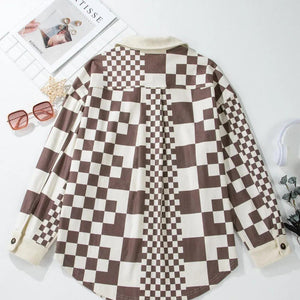 Pocketed Checkered Button Up Long Sleeve Jacket