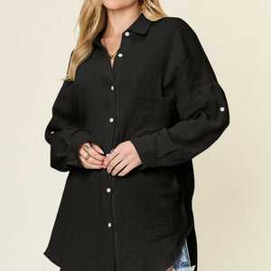 Double Take Full Size Pocketed Texture Button Up Shirt