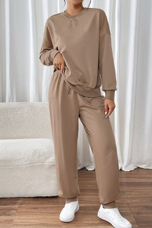 Perfee Round Neck Long Sleeve Top and Pants Set