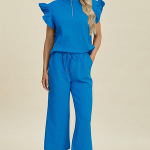 Double Take Full Size Texture Ruffle Short Sleeve Top and Wide Leg Pants Set