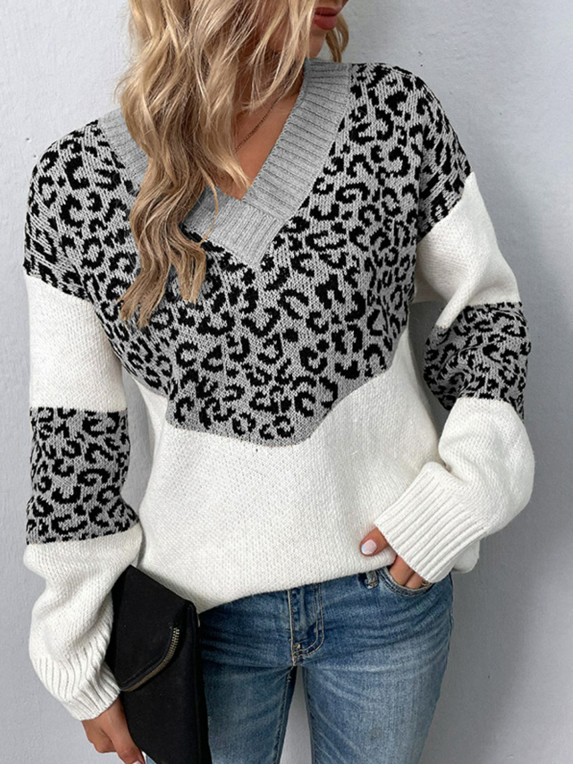 Leopard V-Neck Dropped Shoulder Sweater