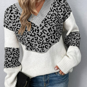 Leopard V-Neck Dropped Shoulder Sweater