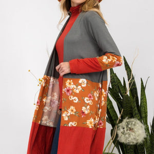 Celeste Full Size Floral Color Block Open Front Cardigan