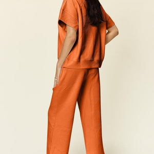 Double Take Full Size Texture Half Zip Short Sleeve Top and Pants Set