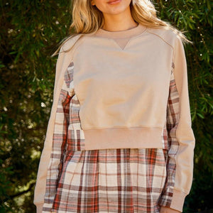 And The Why Full Size Double Layered Plaid Contrast Sweatshirt