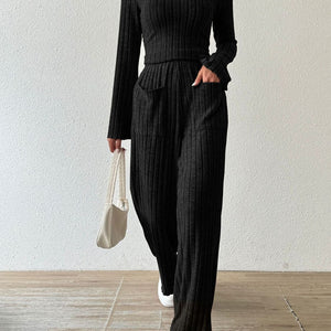 Ribbed V-Neck Long Sleeve Top and Pocketed Pants Set