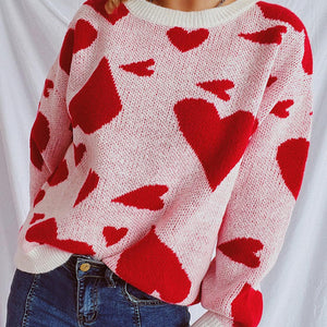 Heart Round Neck Long Sleeve Sweater