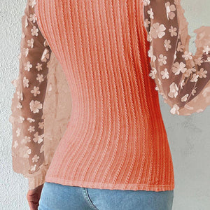 Double Take Textured Applique Long Sleeve Blouse