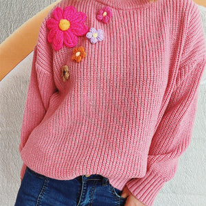 Crochet Flower Round Neck Dropped Shoulder Sweater