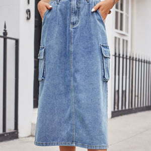 Slit Buttoned Denim Skirt with Pockets