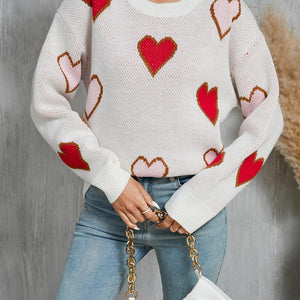 Angel Wings Contrast Heart Round Neck Long Sleeve Sweater