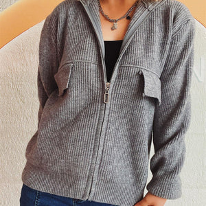 Zip Up Collared Neck Long Sleeve Cardigan