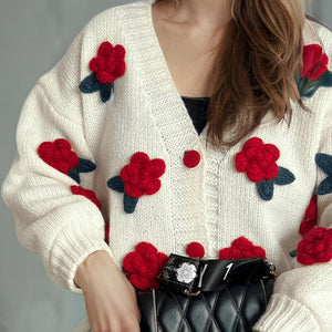 Flower Button Down V-Neck Long Sleeve Cardigan