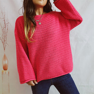 Openwork Boat Neck Long Sleeve Sweater