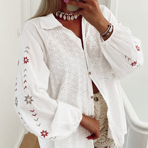 Embroidered Eyelet Collared Neck Long Sleeve Shirt