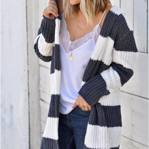 Contrast Stripes Open Front Long Sleeve Cardigan