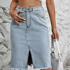 Raw Hem Slit Denim Skirt