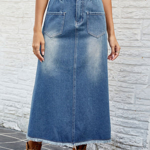 Raw Hem Buttoned Denim Skirt with Pockets