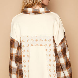 POL Plaid & Star Patchwork Contrast Long Sleeve Shacket