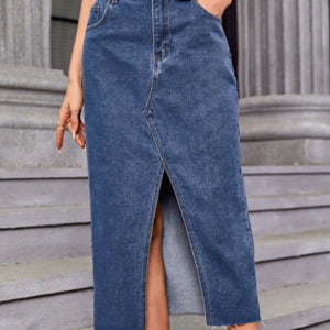 Slit Midi Denim Skirt with Pockets