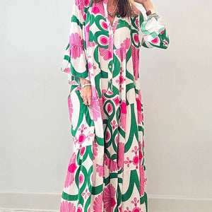 Printed Notched Long Sleeve Maxi Dress