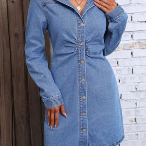 Ruched Button Up Long Sleeve Denim Dress