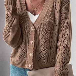 Openwork Button Up Long Sleeve Cardigan