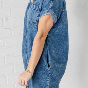 Raw Hem Pocketed Cap Sleeve Denim Dress