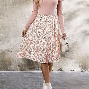 Ruffled Floral Long Sleeve Knee Length Dress