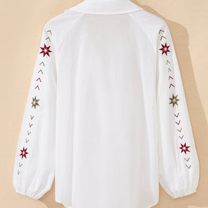 Embroidered Eyelet Collared Neck Long Sleeve Shirt