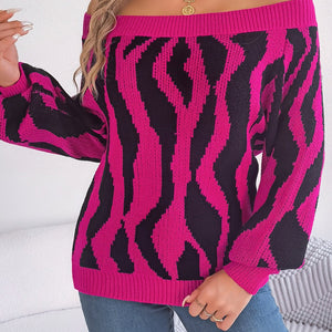 Off-Shoulder Animal Print Long Sleeve Sweater