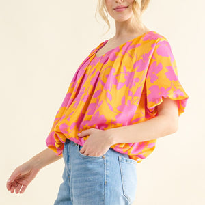 And The Why Full Size Printed Satin Bubble Hem Top