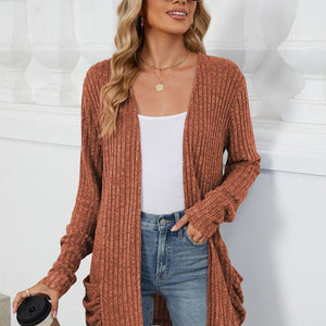 Pocketed Open Front Long Sleeve Cardigan