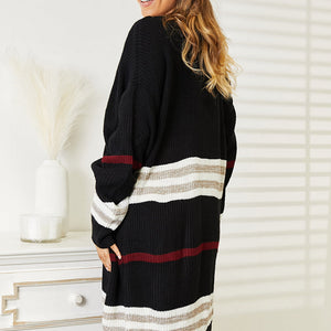 Perfee Striped Rib-Knit Drop Shoulder Open Front Cardigan