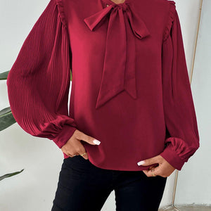 Perfee Frill Tie Neck Long Sleeve Blouse