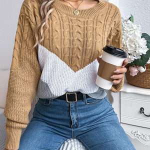 Cable-Knit Color Block Round Neck Sweater