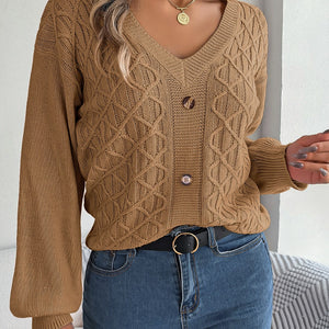 Cable-Knit V-Neck Lantern Sleeve Sweater