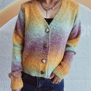 Gradient Heart Shape Button V-Neck Cardigan